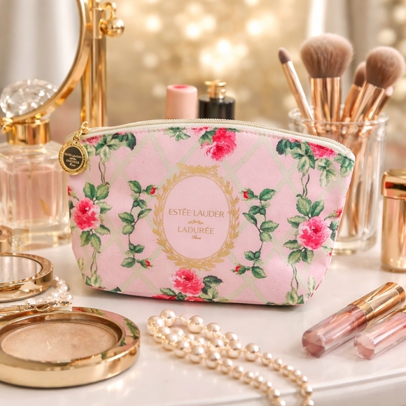 NEW Estee Lauder x Laduree Paris Pink Green Makeup Bag with Gold Tone Detail - Picture 1 of 6
